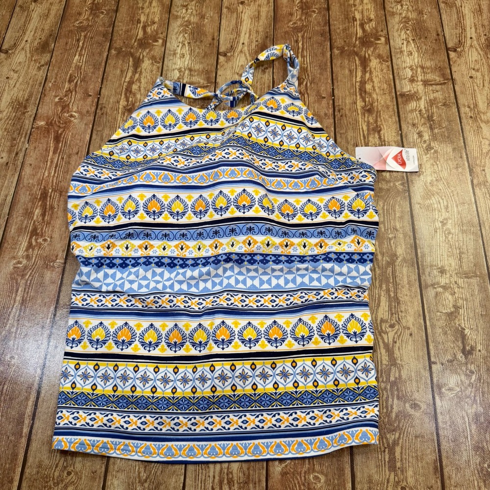 Lands End Tankini Top Womens 24W Blue Yellow Geometric Lycra Xtra Life Halter